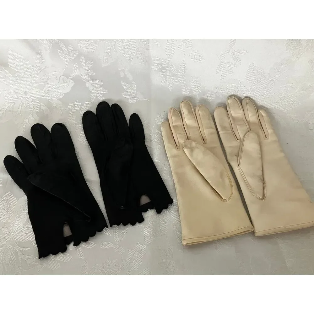Lot of 2 Vintage Women's Gloves Miss Aris Kid Leather & Embroidered White Gloves